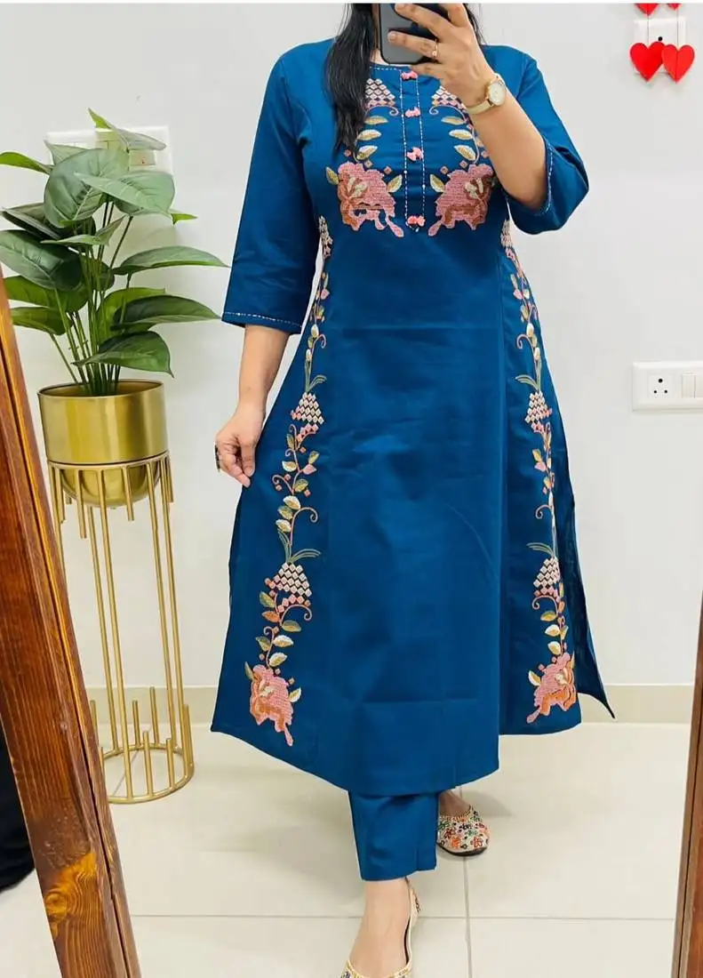 women pure cotton embroidered blue kurta with pant
