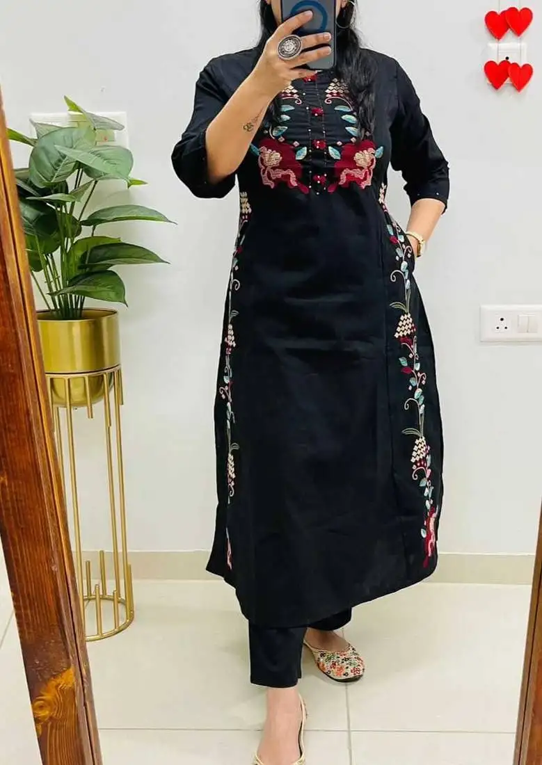 women pure cotton embroidered black kurta with pant