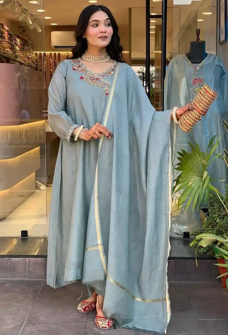 women pure cotton embroidered dusty blue kurta with pant and dupatta