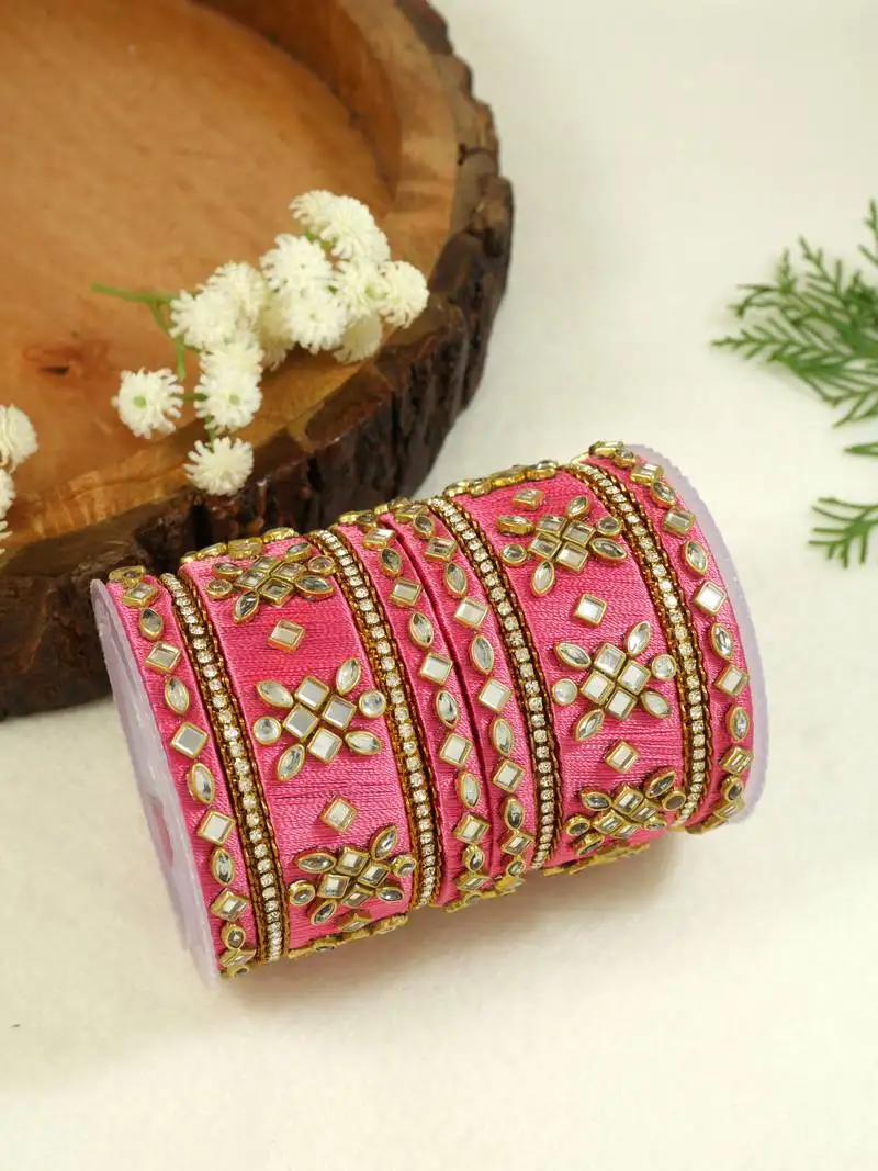 Gold plated traditional silk thread handcrafted mirror work embellishments bangles chuda bangle set for bridal