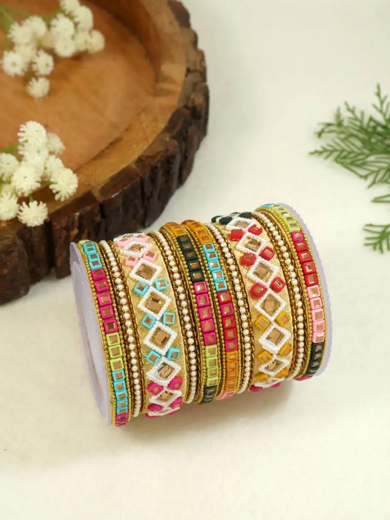 Gold plated traditional silk thread handcrafted vibrant multicolor embellished bangles chuda bangle set for bridal