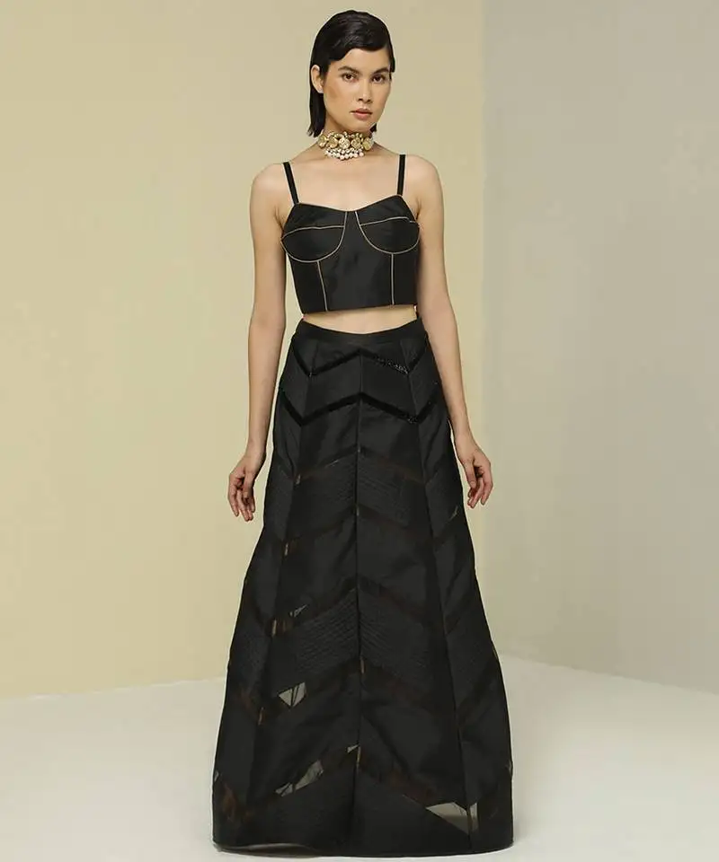 Black plain silk skirt set
