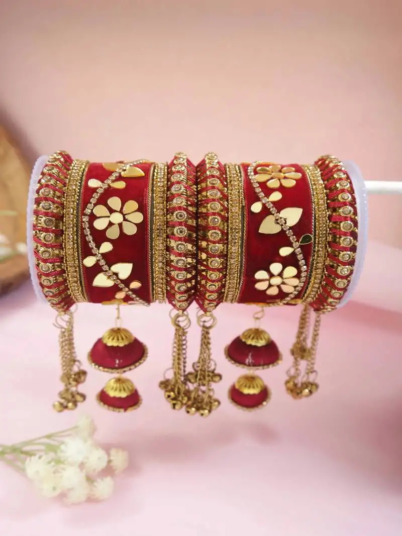 Gold plated traditional velvet matching embellishments work & latkan detailing bangles chuda bangle set for bridal