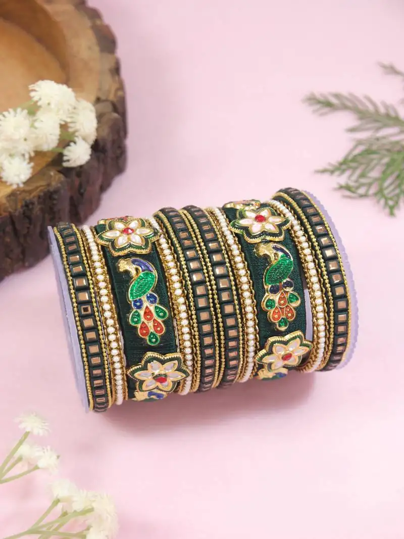 Gold plated traditional silk thread handcrafted meenakari peacock motif bangles chuda bangle set for bridal