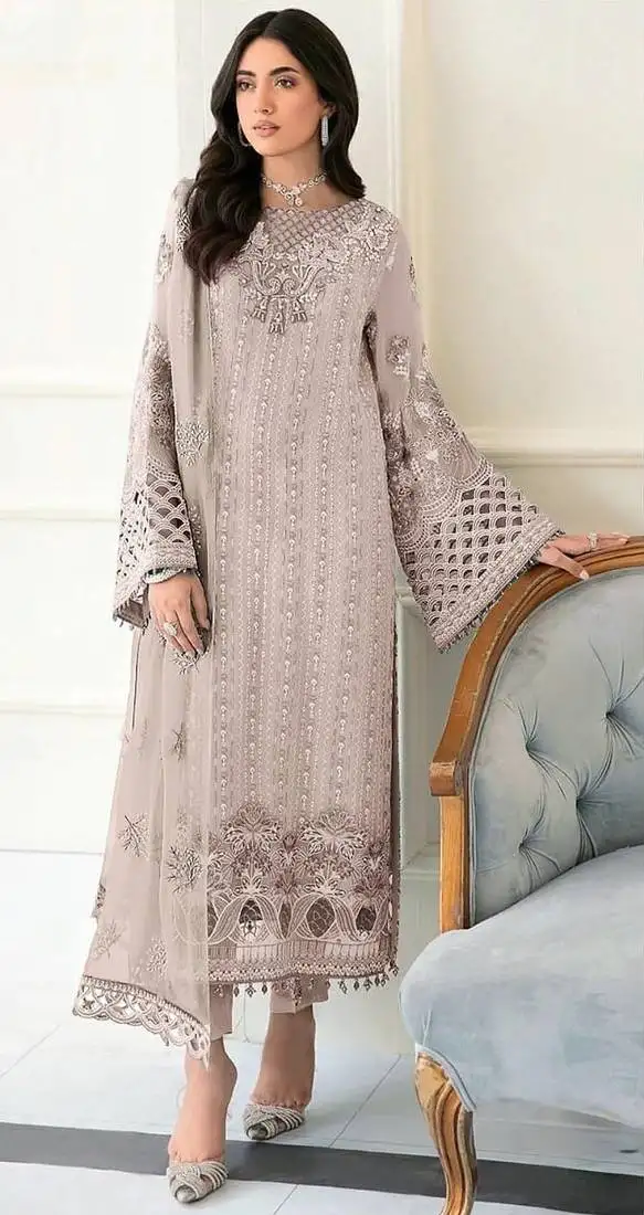 Baige fox georgette semi stitched suit with embroidery sequence work & khatli work