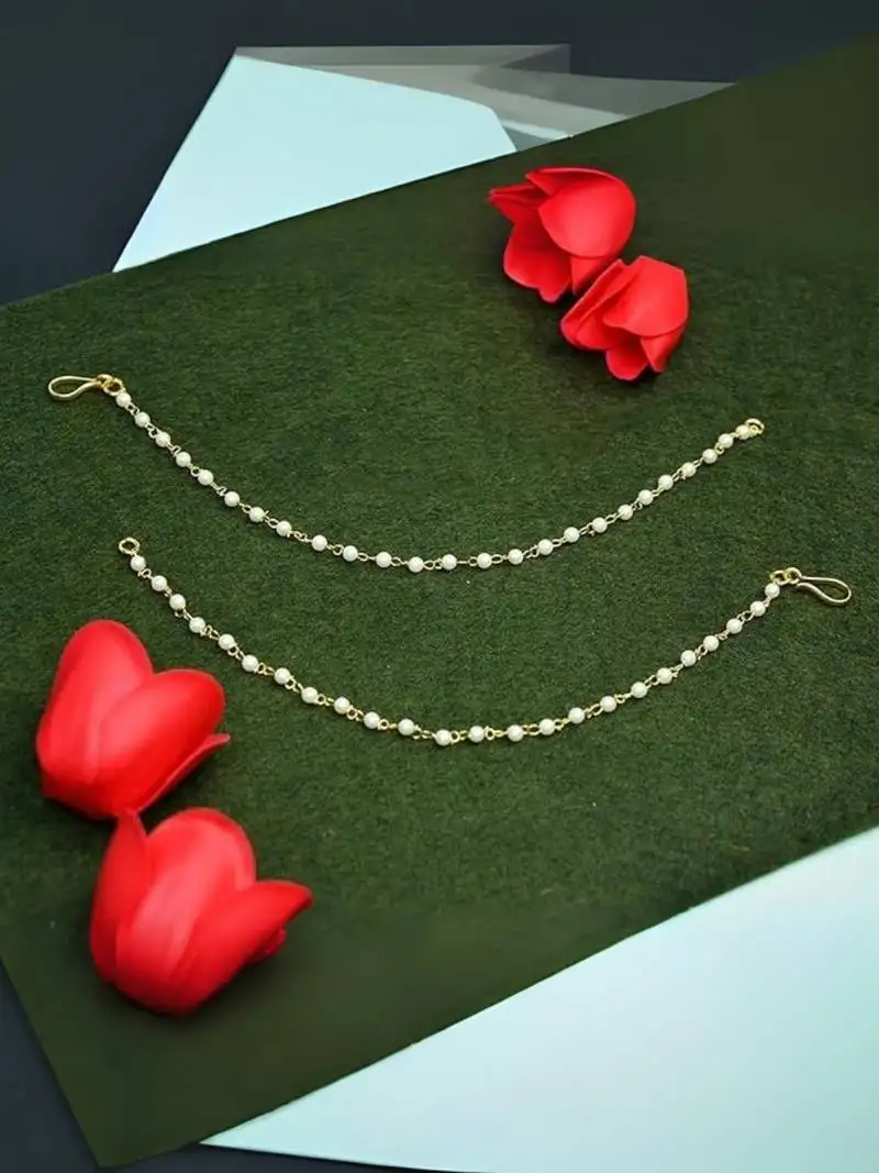 Gold plated traditional pearl hair chain::Earchain accessories with hook for women girls