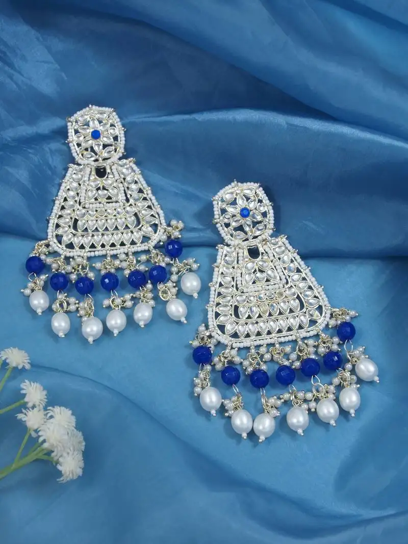 Gold plated traditional kundan & pearl drop dangle earrings for women