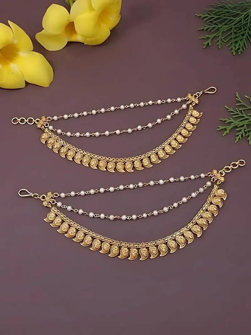 Gold plated traditional pearl layered hair chain::Ear chain accessories with hook for women