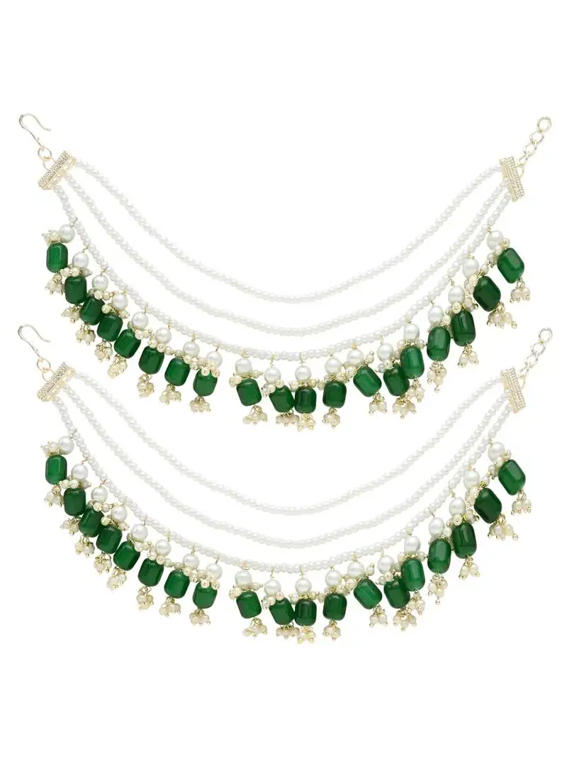 Gold plated traditional pearl layered hair chain::Earchain accessories with hook for women