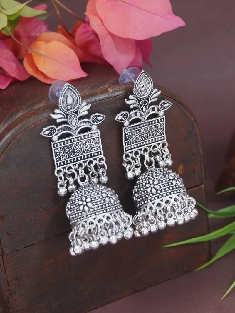Ethnic silver oxidised afghani style dangle jhumka earrings for women