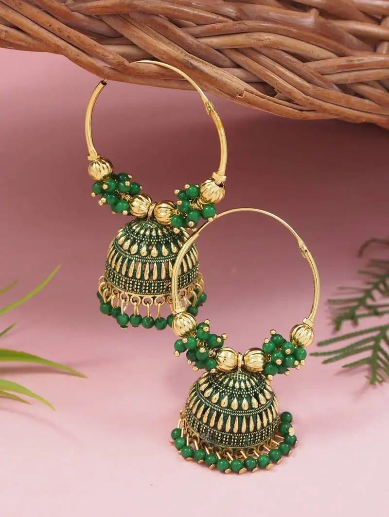 Gold plated traditional handcrafted beaded jhumka hoop earrings for women (green)