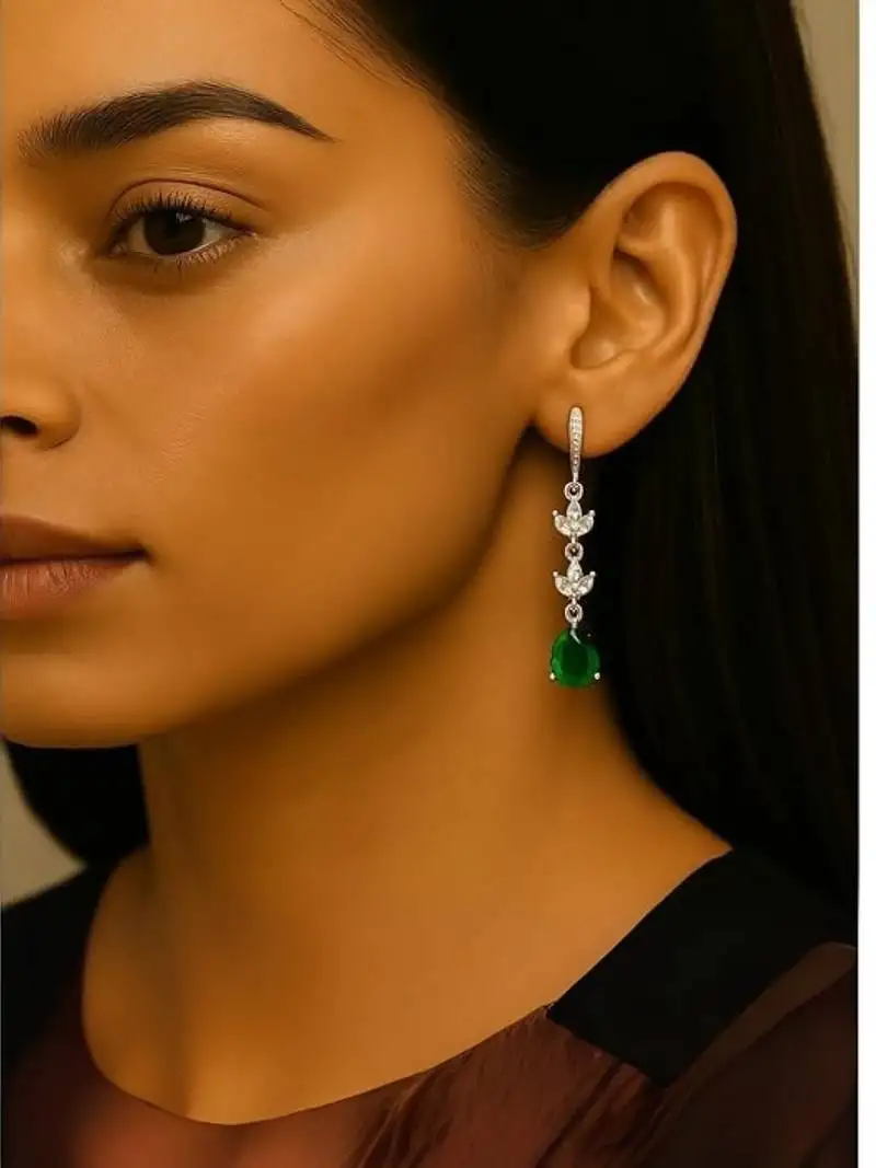 Silver plated cubic zirconia american diamond drop earrings for women