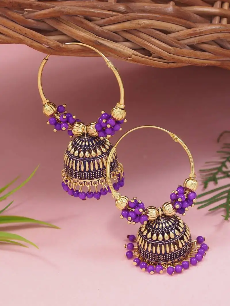 Gold plated traditional handcrafted beaded jhumka hoop earrings for women