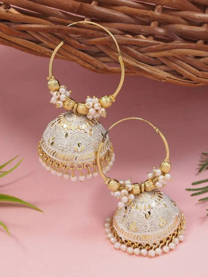 Gold plated handcrafted floral beaded jhumka hoop earrings for women