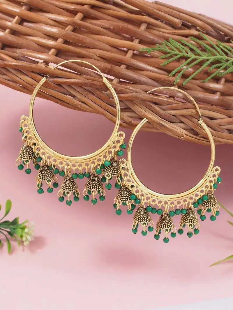 Gold plated hoop earrings with multi jhumka dangles for women (green)