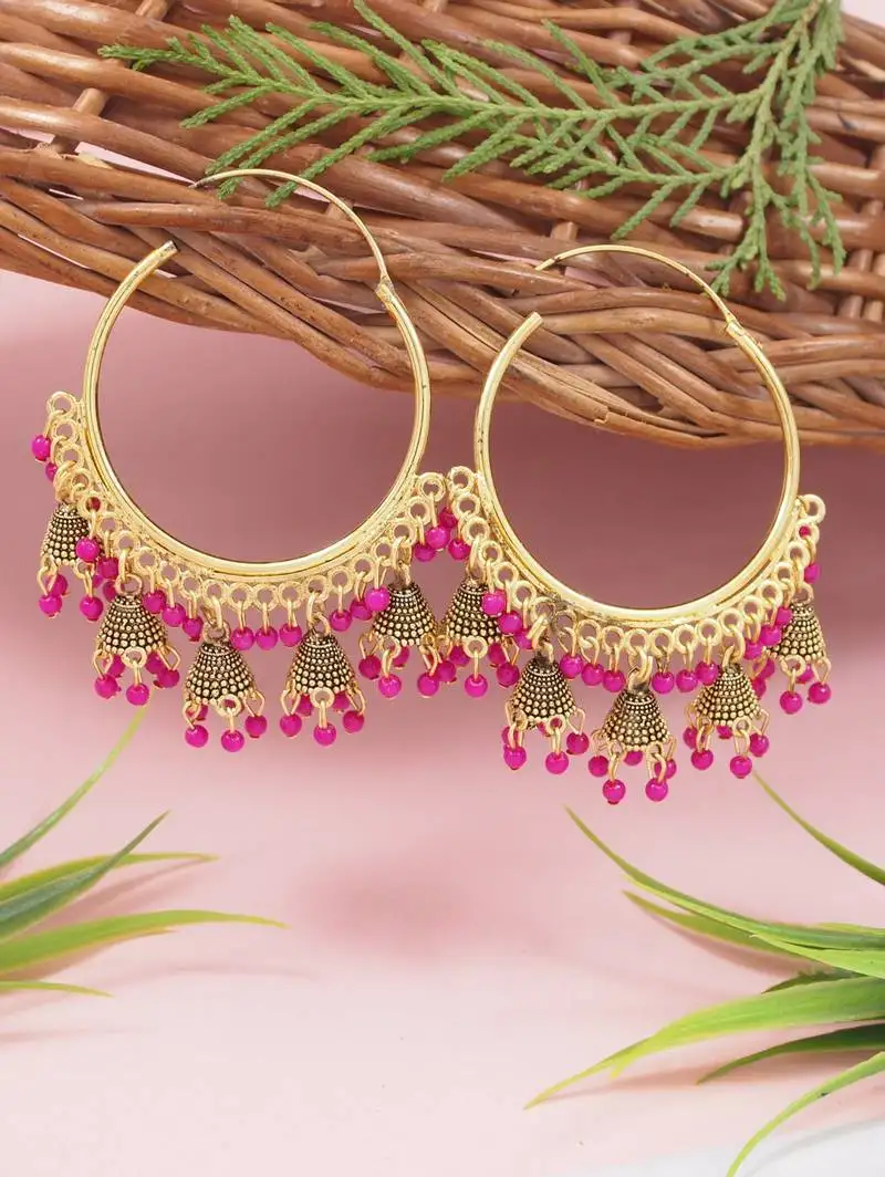 Gold plated hoop earrings with multi jhumka dangles for women