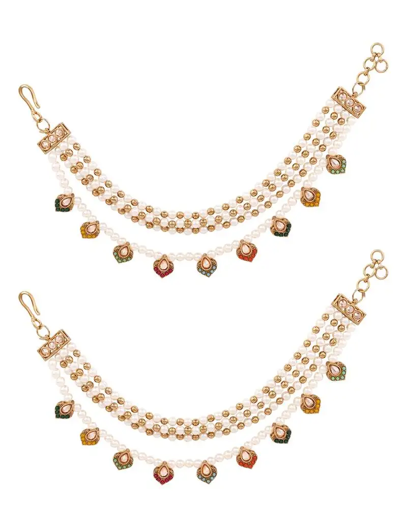 Gold plated traditional multi layered pearl ear chain with kundan danglers for women