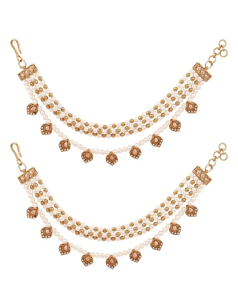 Gold plated traditional multi layered pearl ear chain with kundan danglers for women (e3409w)