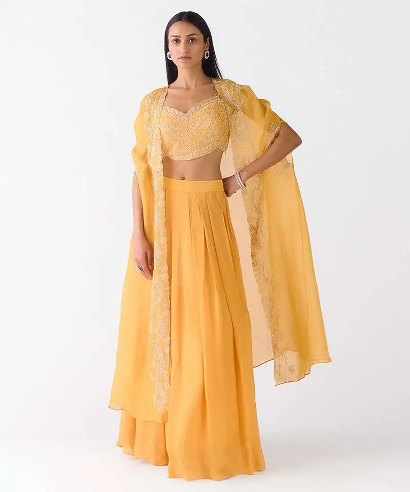 Yellow embroidered chiffon cape set
