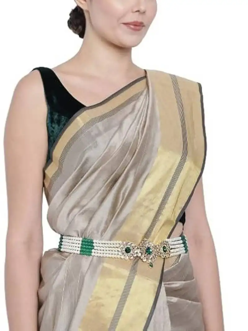 18k gold plated traditional ethnic kundan and stone studded adjustable pearl kamarband::Belly chain