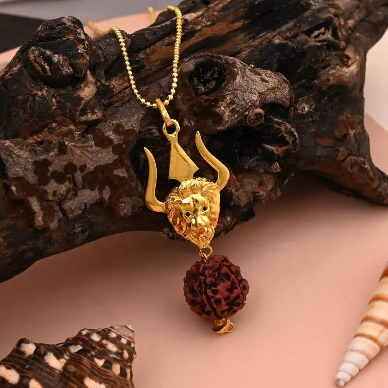 Gold color lord shiva trishul rudraksha mala chain necklace