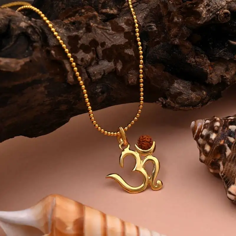 Gold color om rudraksha mala chain necklace