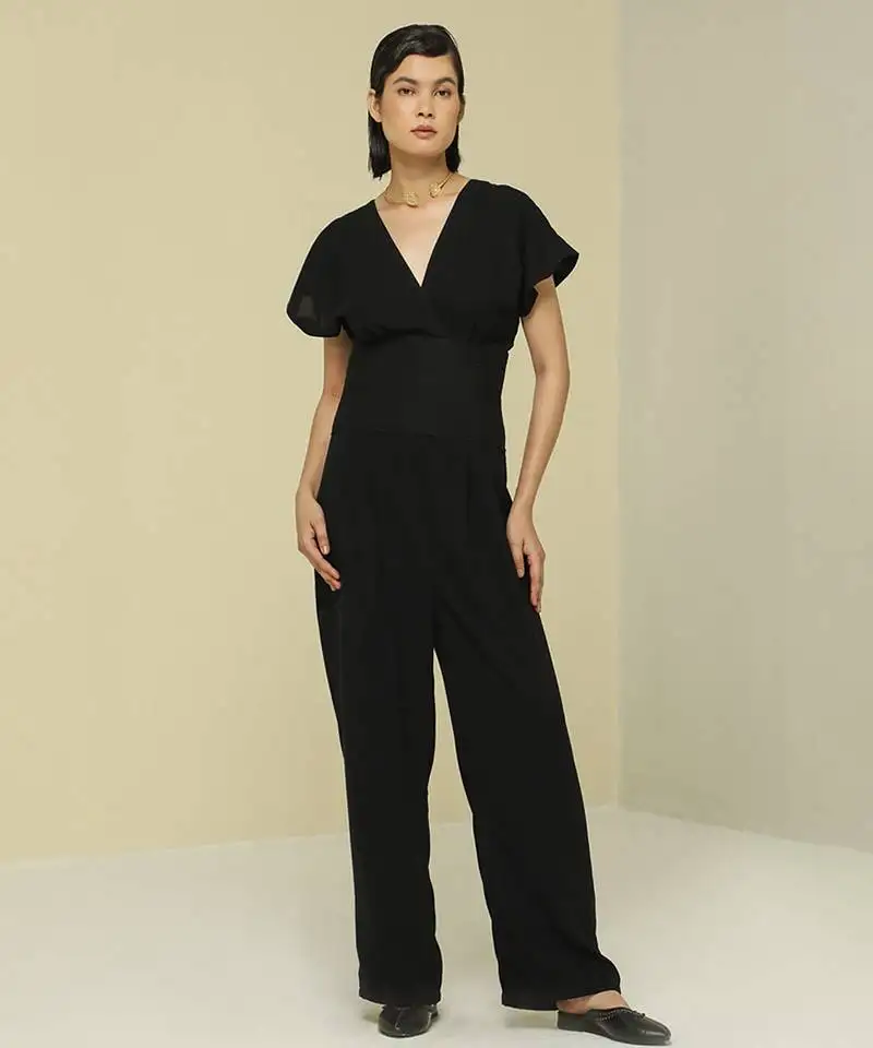 Black plain crepe jumpsuit