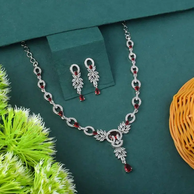 Red color american diamond necklace set with broad collar style pattern