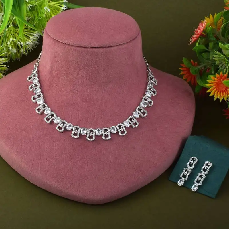Silver color american diamond necklace set featuring graceful minimalist detailing