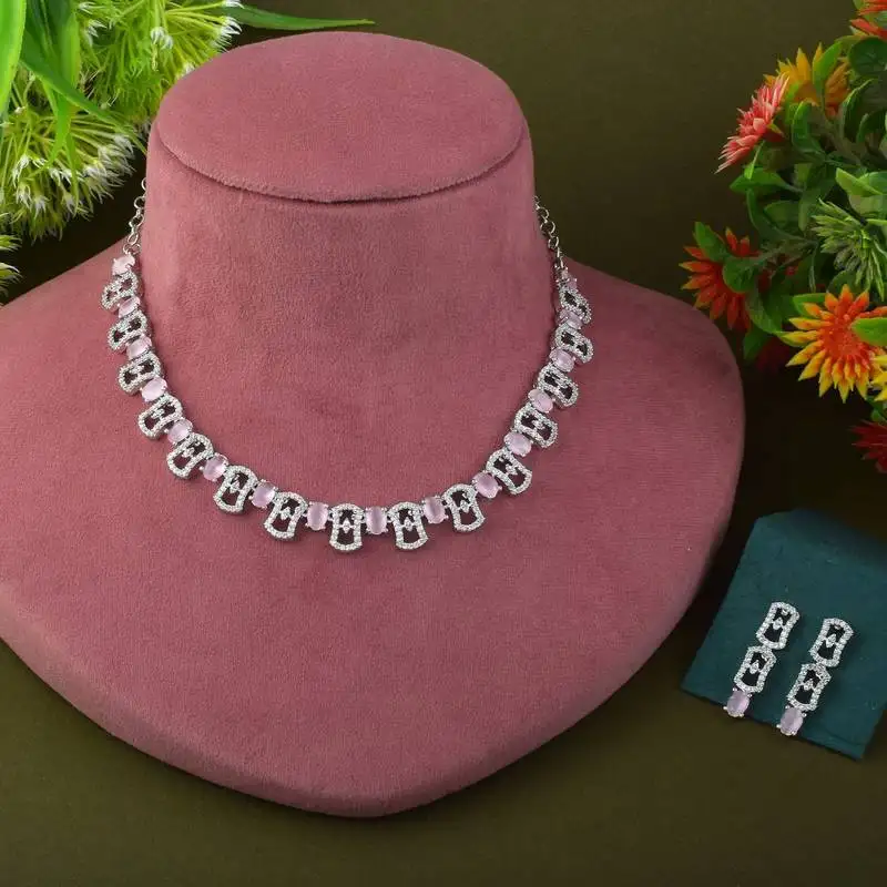 Pink color american diamond necklace set with leaf and gemstone charms