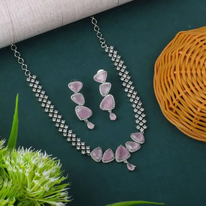 Pink color american diamond necklace set designed for bridal occasions