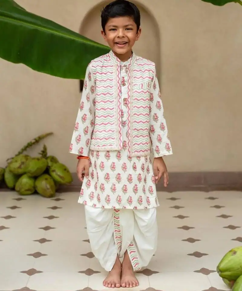Red cotton printed kurta dhoti and jacket for boys