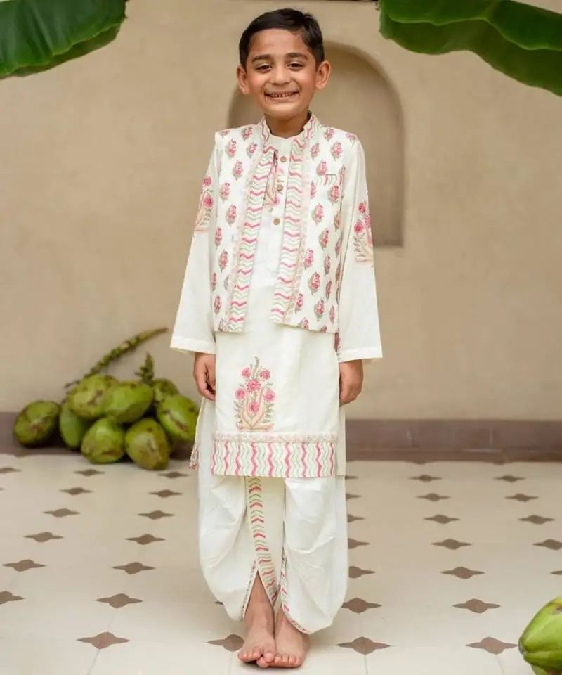 White cotton printed kurta dhoti and jacket for boys