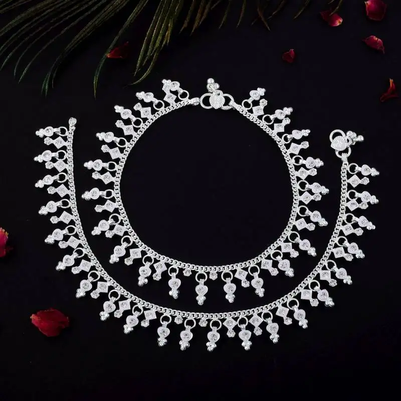 Graceful silver color anklets crafted for brides, parties, and indian cultural outfits