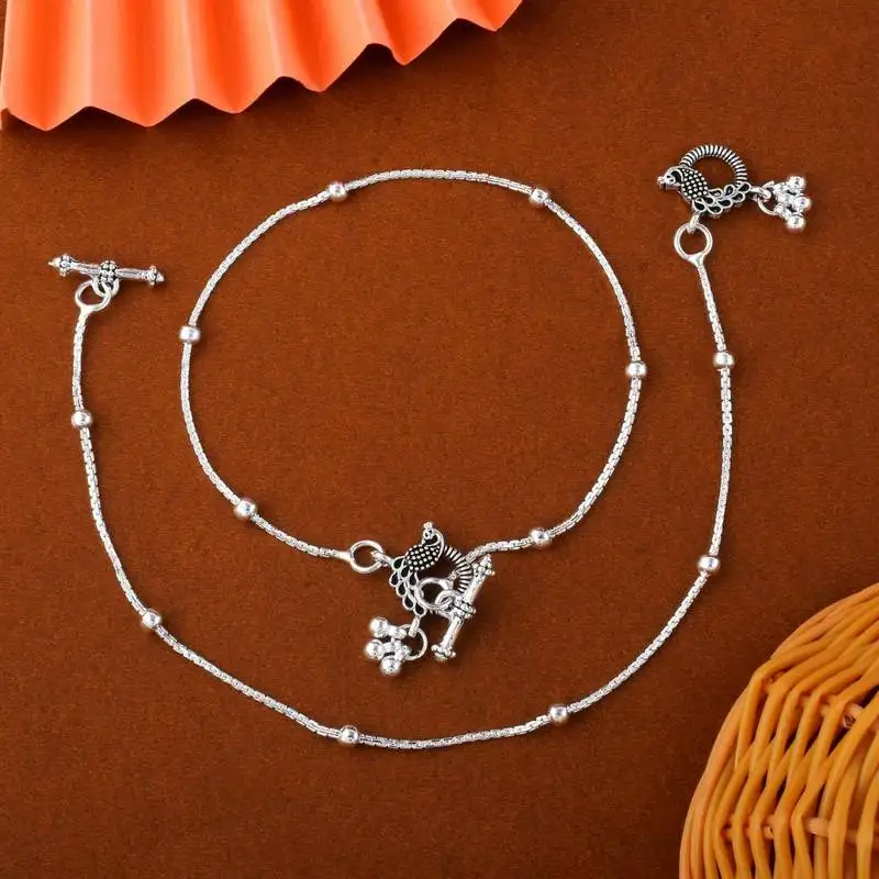 Classic silver color oxidised anklet designed for brides, parties, and ethnic fashion jewelry