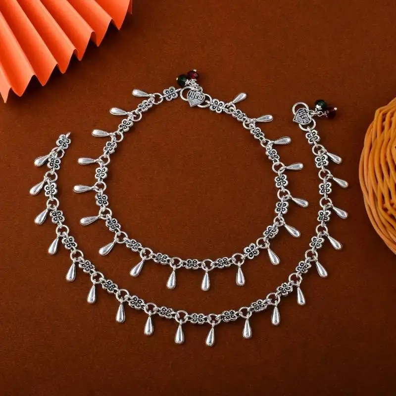 Gorgeous silver color oxidised anklet crafted with handmade artistic detailing for women’s jewelry