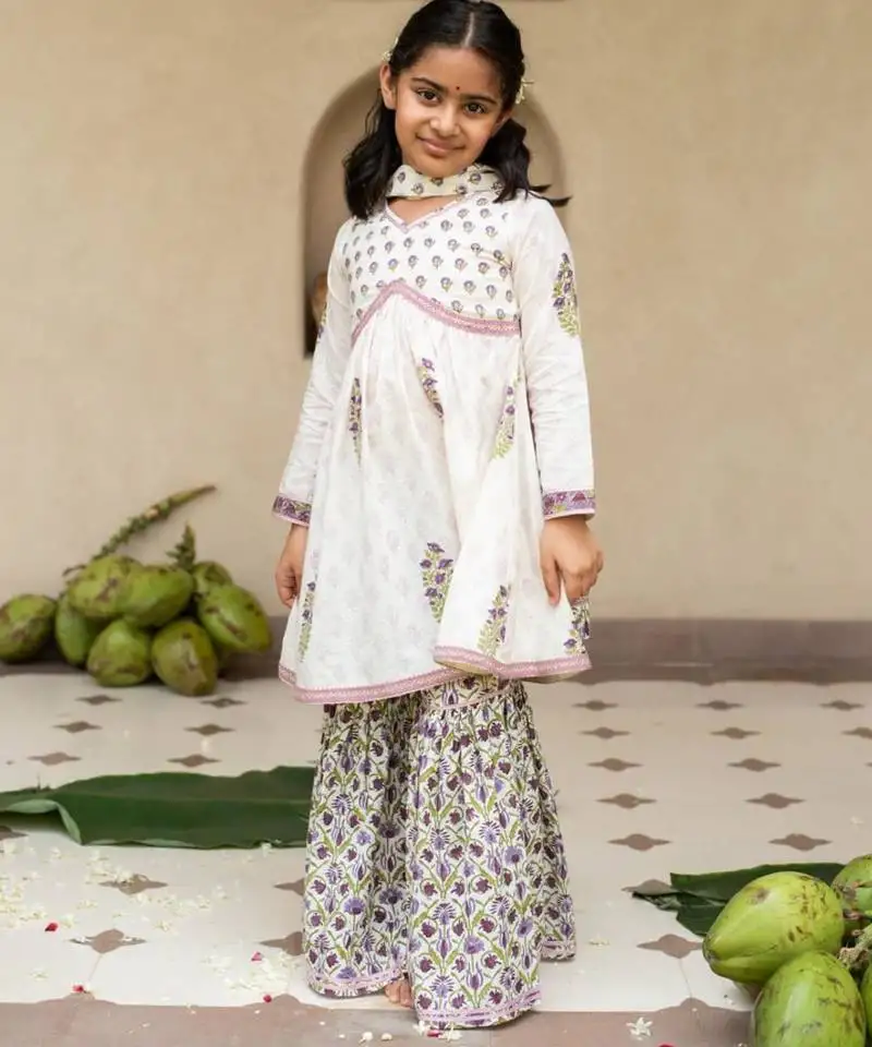 White cotton printed kurta sharara and dupatta for girls