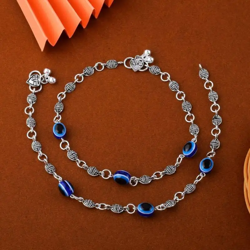 Gorgeous blue color evil eye oxidised anklet designed with artistic detailing for brides and festivals