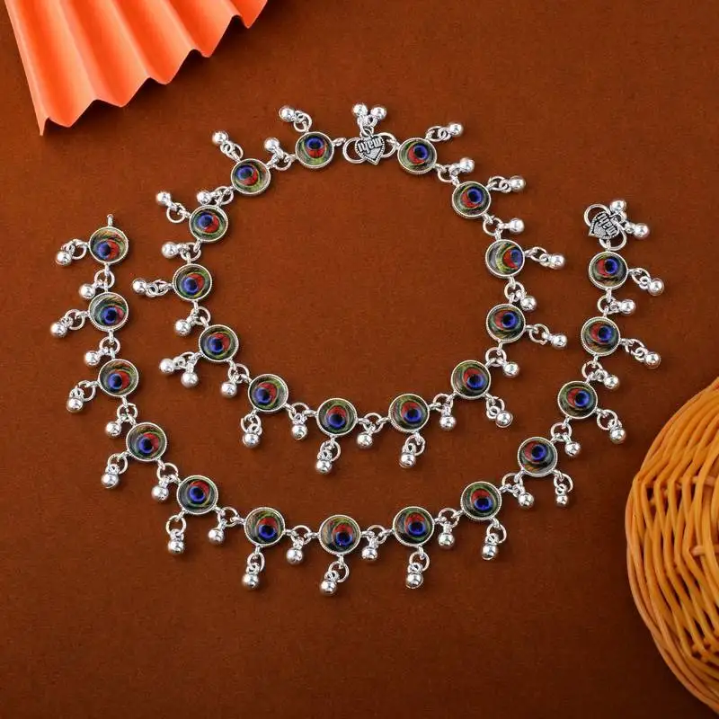 Exclusive multi color peacock feather oxidised anklet designed for bridal, cultural, and party styling
