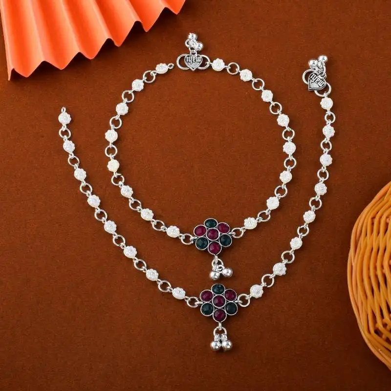 Beautiful maroon and green color oxidised anklet crafted for women’s ethnic fashion jewelry and outfits