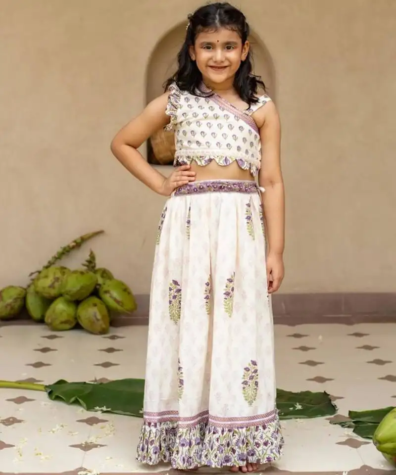 White cotton printed blouse and lehenga for girls