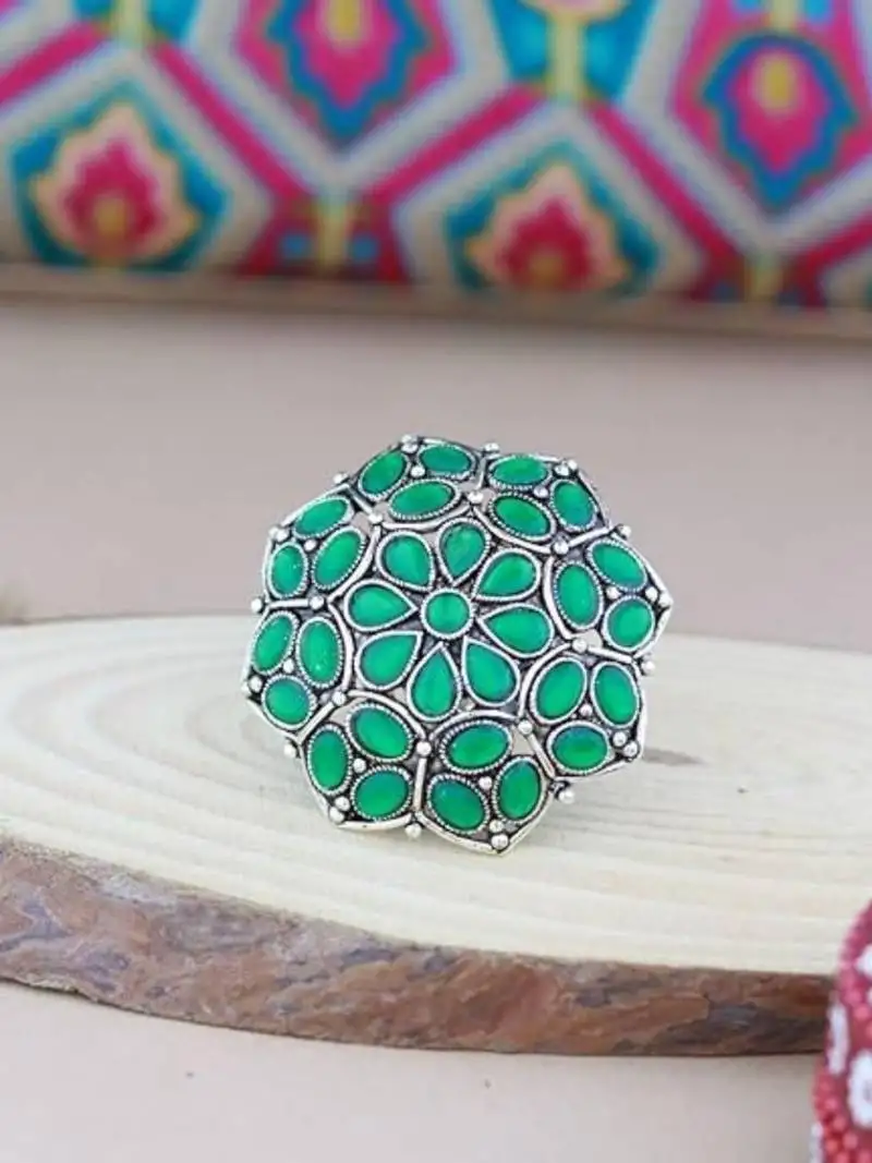 Silver oxidized green kundan work designer adjustable finger ring for women