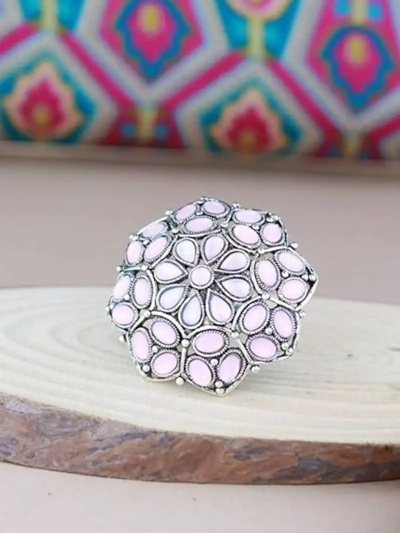 Silver oxidized pink kundan work designer adjustable finger ring for women