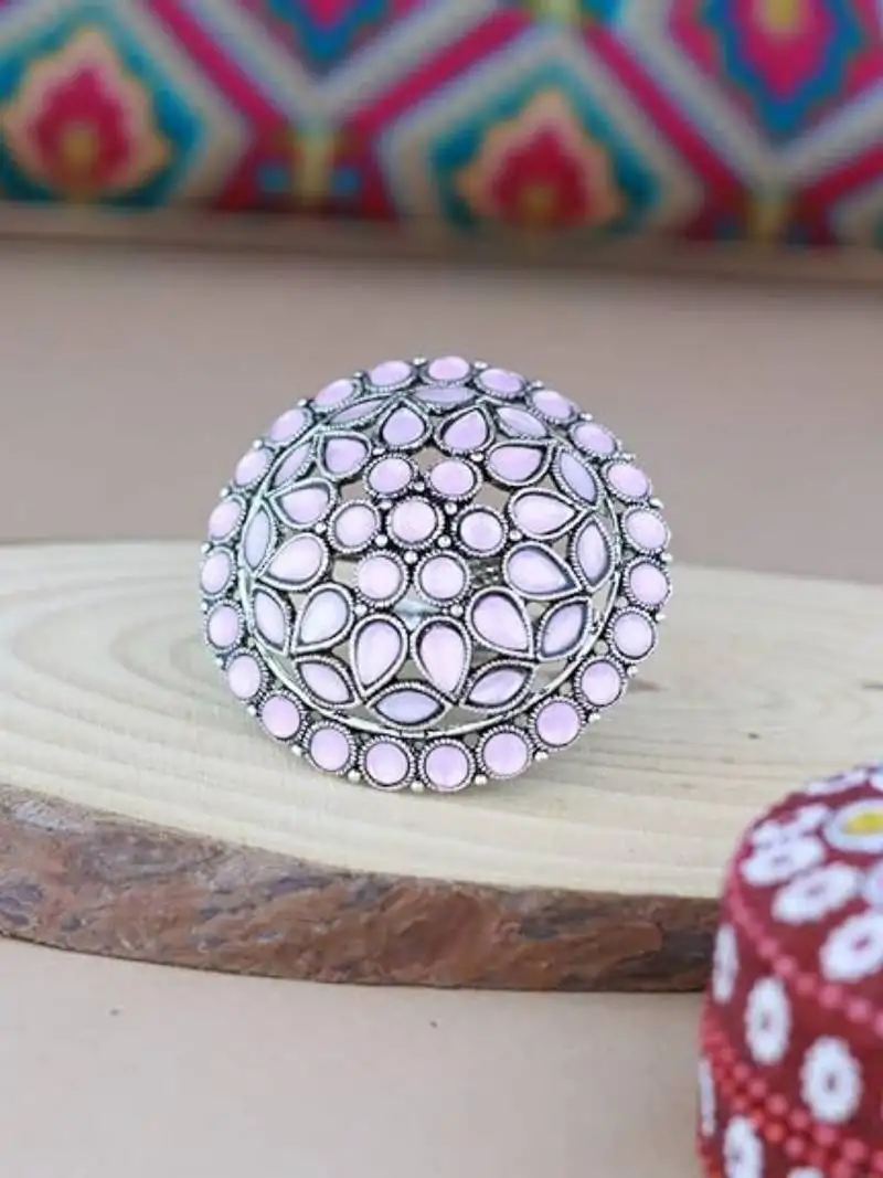 Silver oxidized kundan work designer adjustable finger ring for women