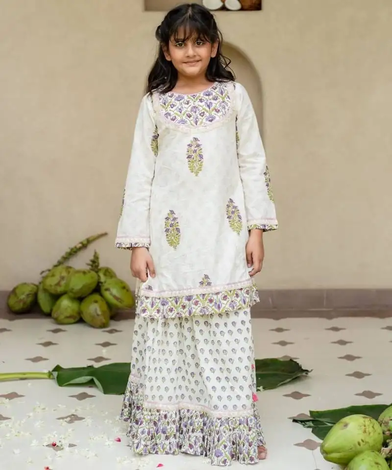 White cotton printed kurta lehenga and dupatta for girls