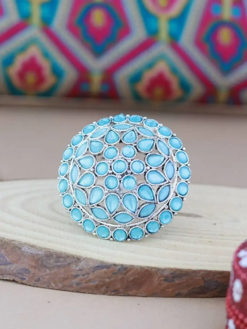 Navratri ethnic silver oxidized turquoise kundan work designer adjustable finger ring for women