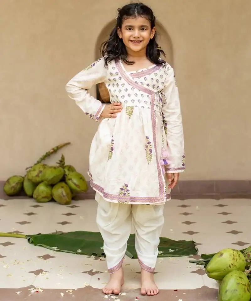 White cotton printed kurti and dhoti for girls