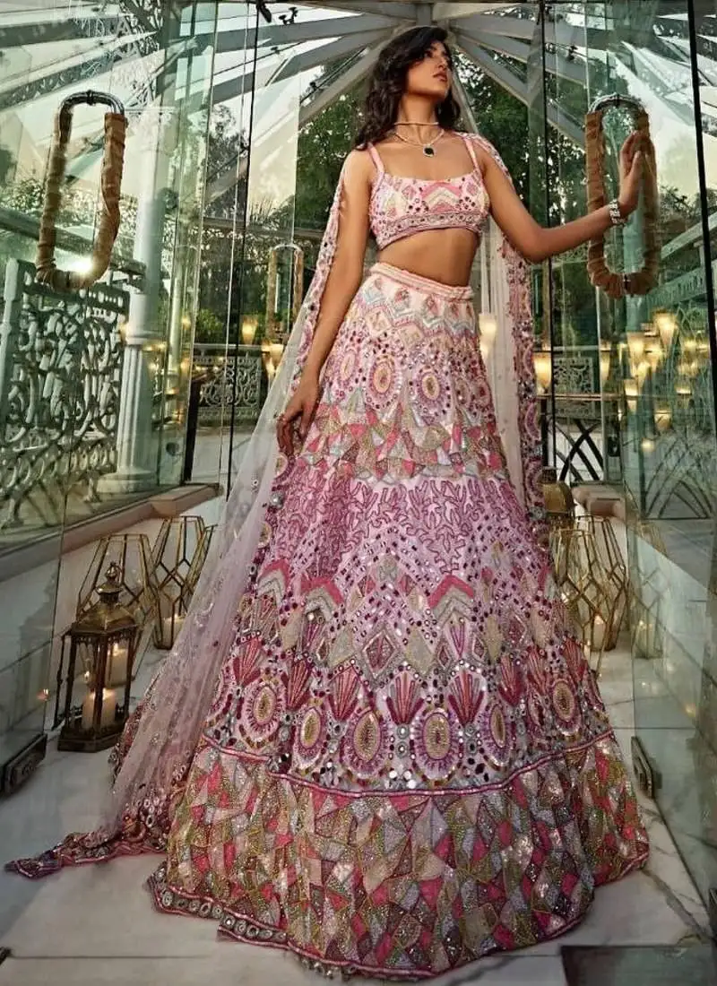 Women's pink thread embroidered georgette lehenga set