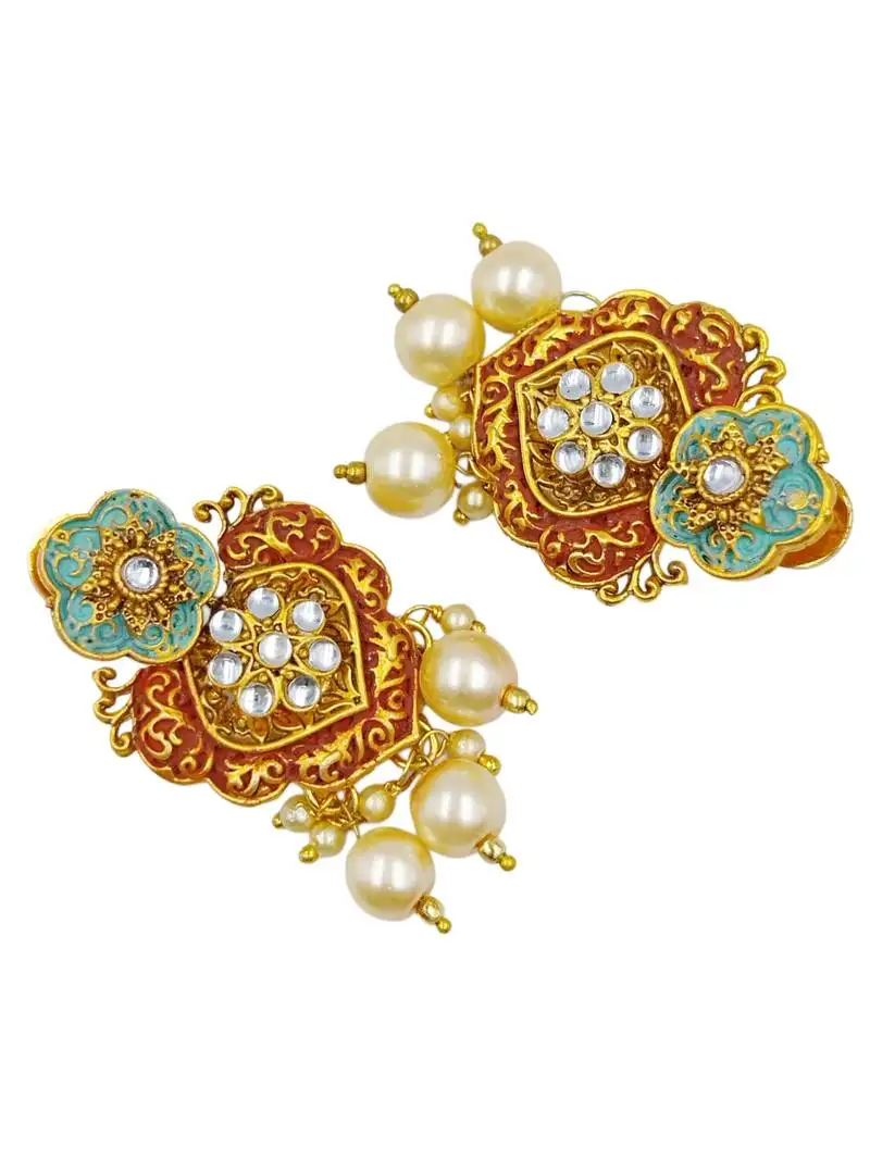 antique gold plated rubygreen & gold meenakari necklace set with pearl drops.