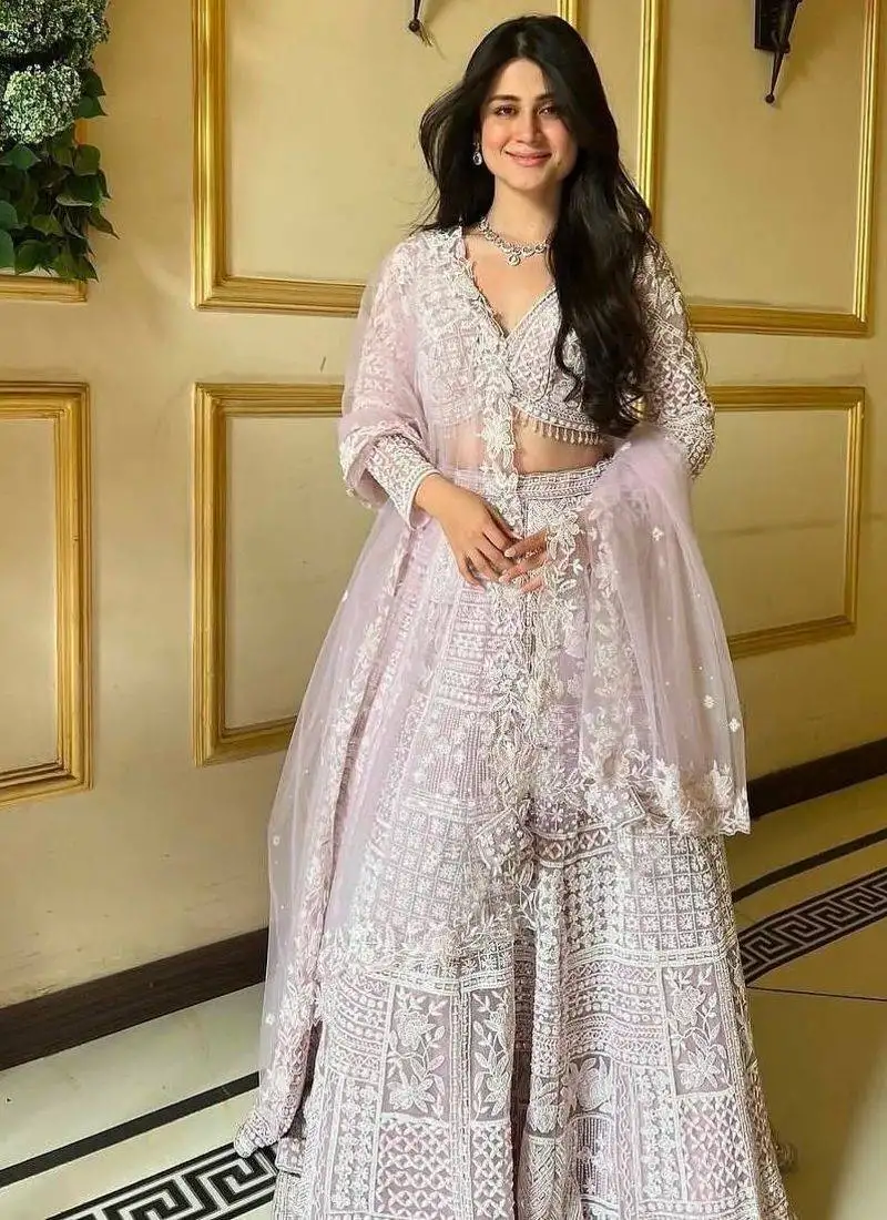 Lavender embroidererd georgette lehenga set with dupatta